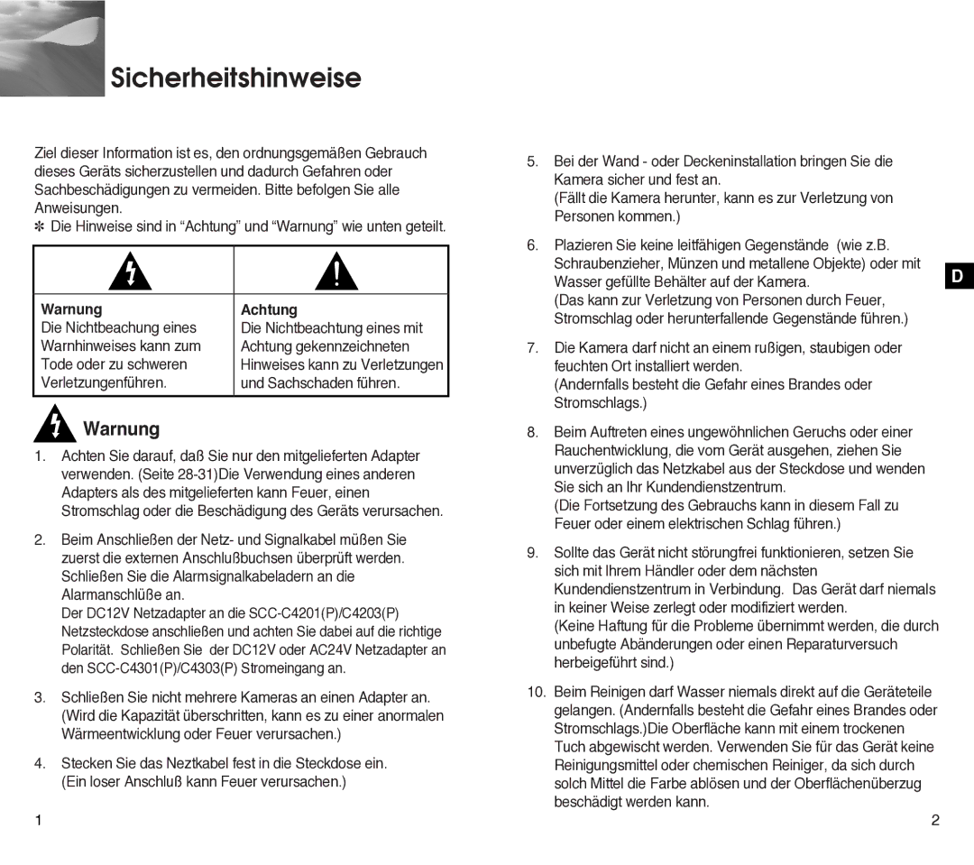 Samsung SCC-C4301P, SCC-C4201P manual Sicherheitshinweise, Warnung, Achtung 