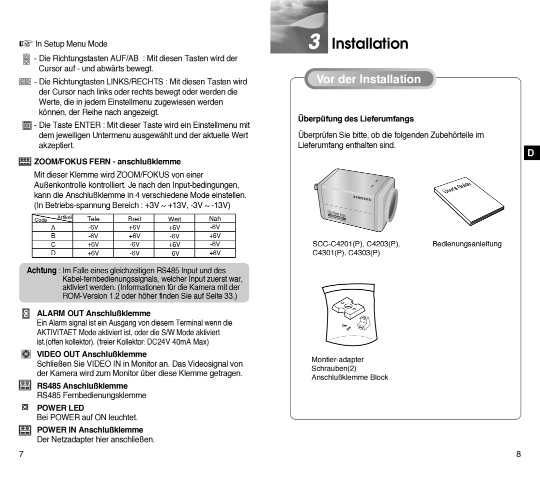 Samsung SCC-C4201P, SCC-C4301P manual Vor der Installation 