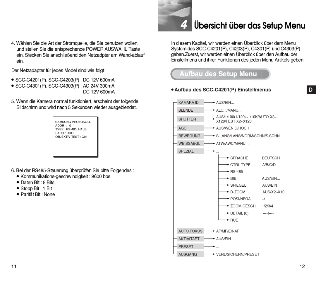 Samsung SCC-C4301P manual Übersicht über das Setup Menu, Aufbau des Setup Menu, Aufbau des SCC-C4201P Einstellmenus 