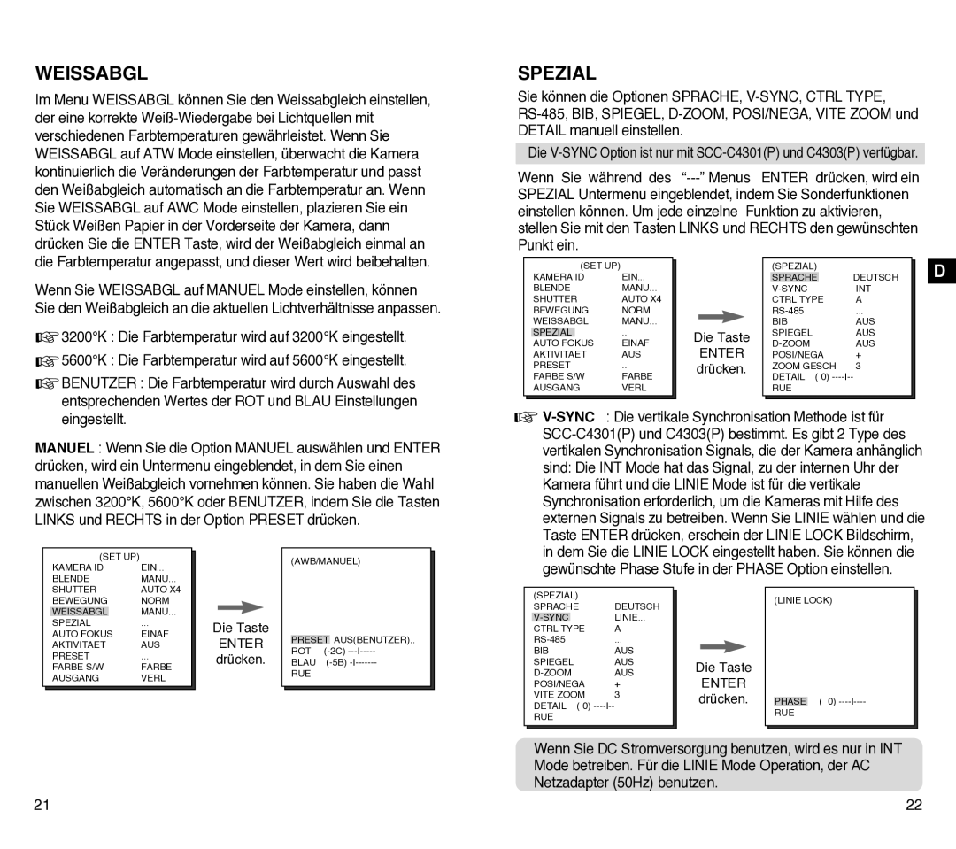 Samsung SCC-C4301P, SCC-C4201P manual Weissabgl, Spezial, Sync Die vertikale Synchronisation Methode ist für 