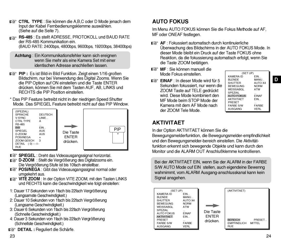 Samsung SCC-C4201P, SCC-C4301P manual Auto Fokus, Aktivitaet 