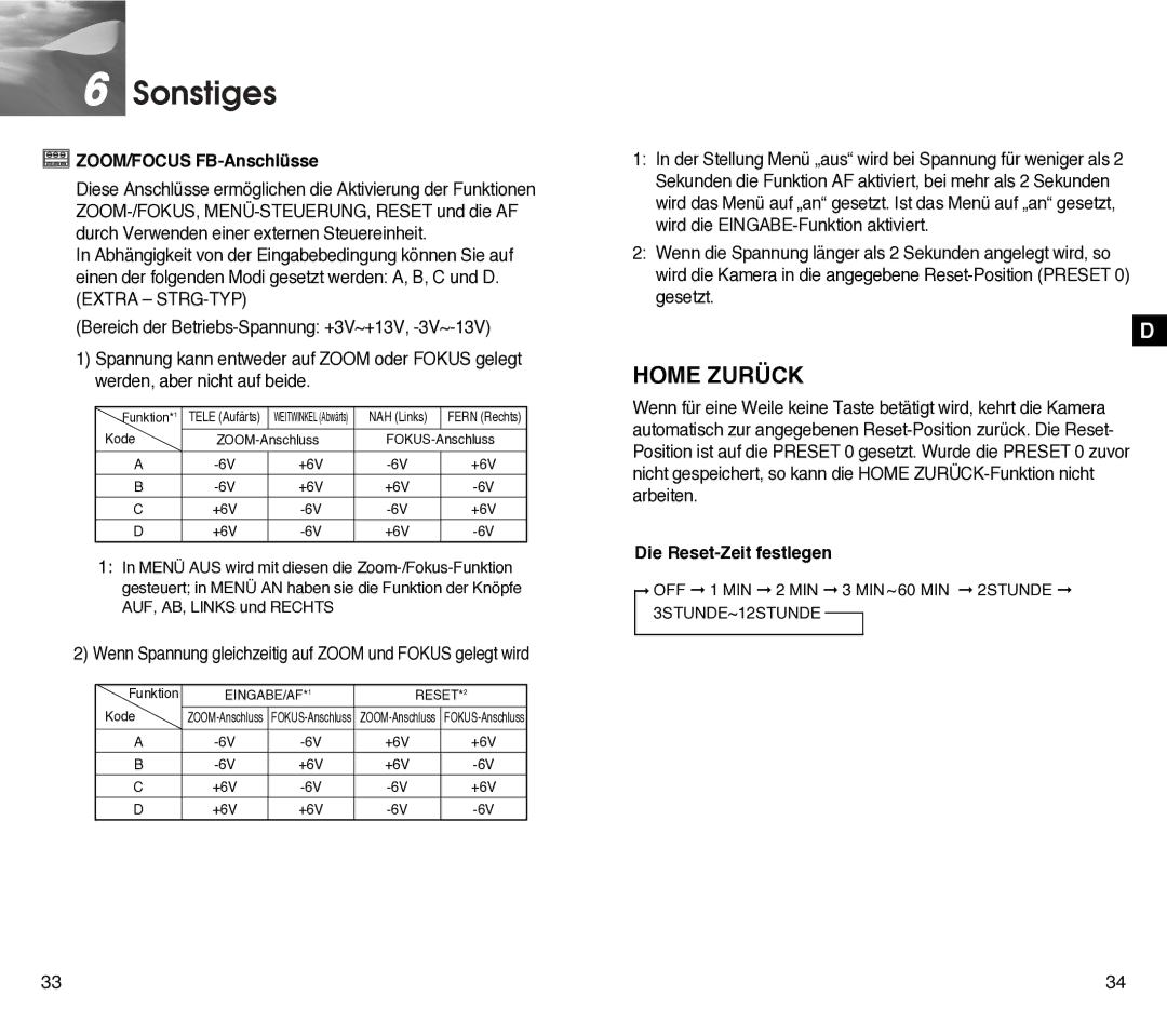 Samsung SCC-C4301P, SCC-C4201P manual Sonstiges, Home Zurück, ZOOM/FOCUS FB-Anschlüsse, Die Reset-Zeit festlegen 