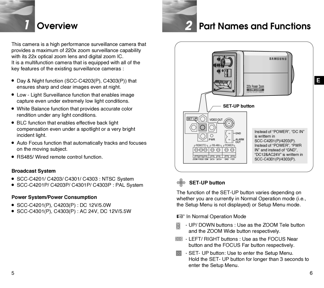 Samsung SCC-C4201P Overview, Part Names and Functions, Broadcast System, Power System/Power Consumption, SET-UP button 