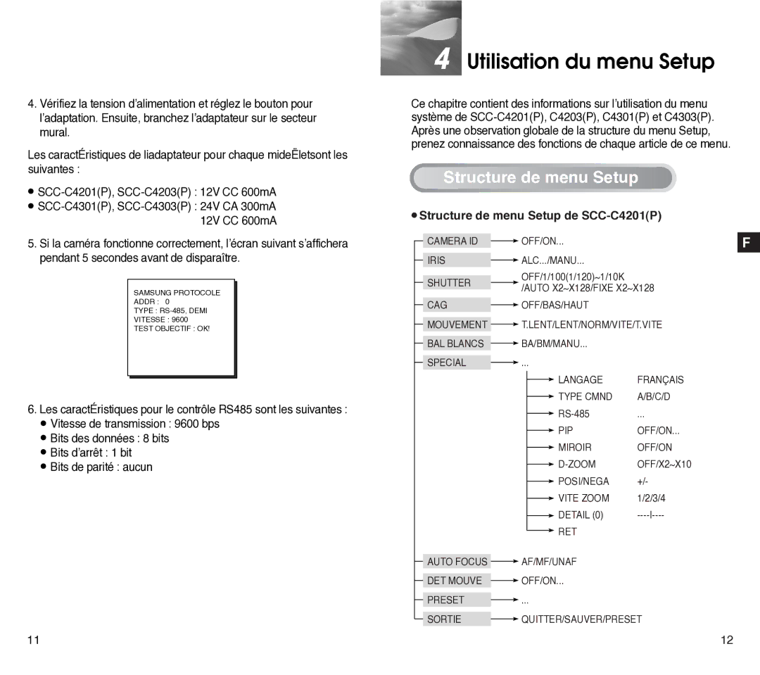 Samsung SCC-C4301P manual Utilisation du menu Setup, Structure de menu Setup de SCC-C4201P 