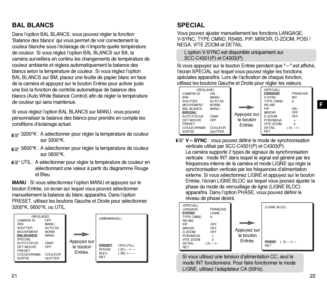 Samsung SCC-C4201P, SCC-C4301P manual BAL Blancs, Sur 3200K, Sur 5600K, Et Bleu, 3200K, 5600K, ou Util 