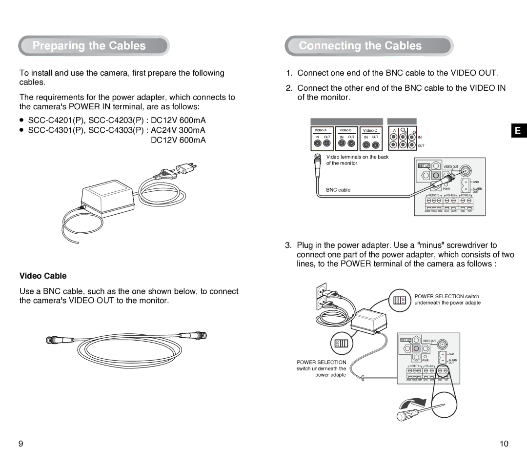 Samsung SCC-C4201P, SCC-C4301P manual Preparing the Cables, Connecting the Cables, Video Cable 