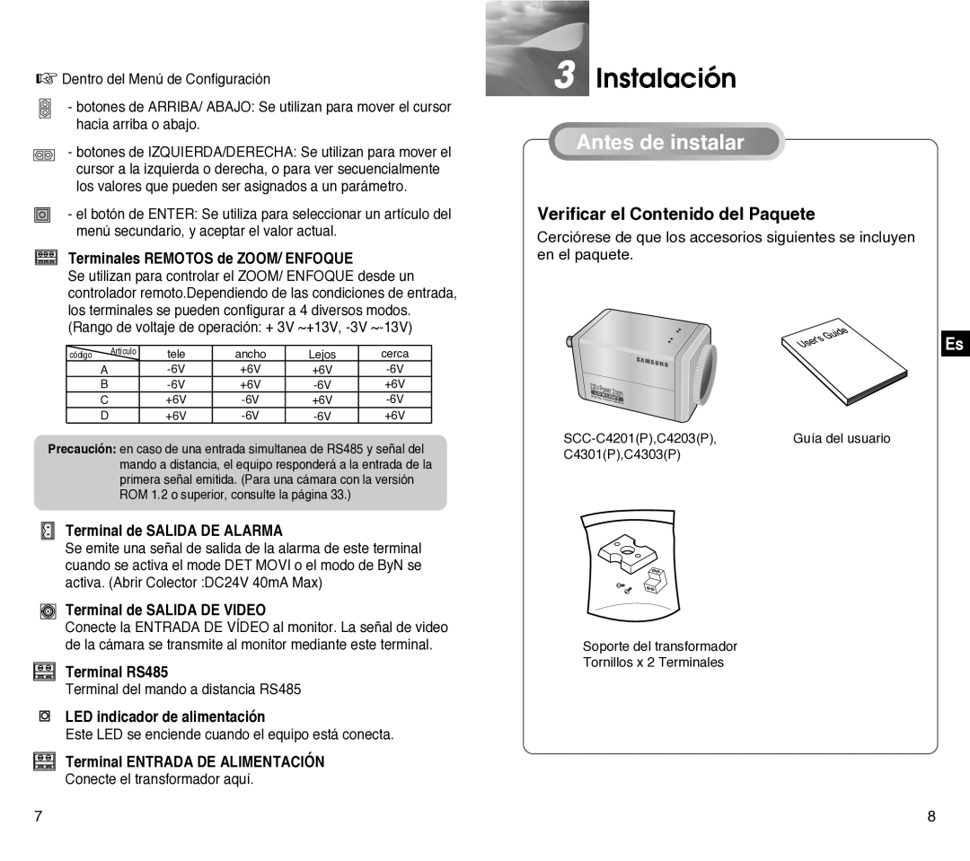 Samsung SCC-C4201P, SCC-C4301P manual Instalación, Antes de instalar 