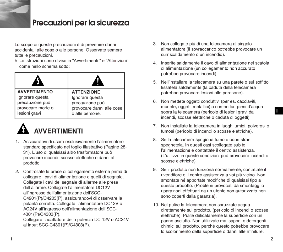 Samsung SCC-C4201P, SCC-C4301P manual Precauzioni per la sicurezza 