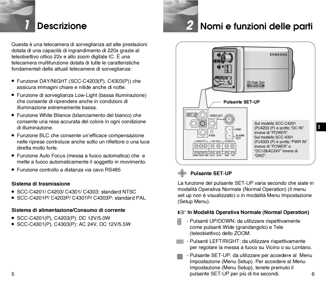 Samsung SCC-C4201P, SCC-C4301P manual Descrizione, Nomi e funzioni delle parti 