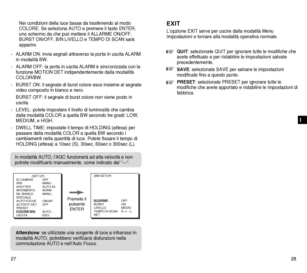 Samsung SCC-C4301P, SCC-C4201P manual Auto Uscita Esci BW Setup OFF 