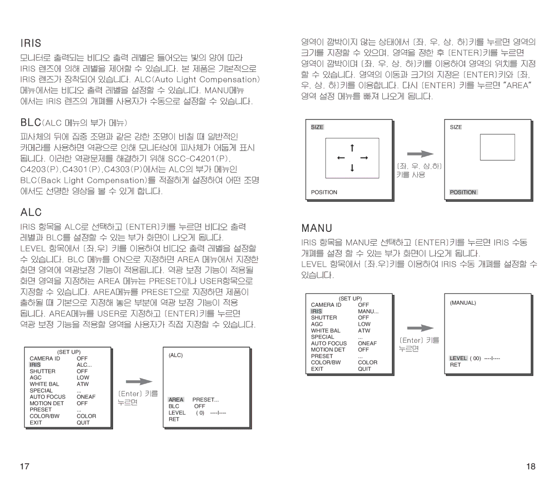 Samsung SCC-C4201(P) manual BLC OFF Level RET Size Position SET UP Camera ID Iris 