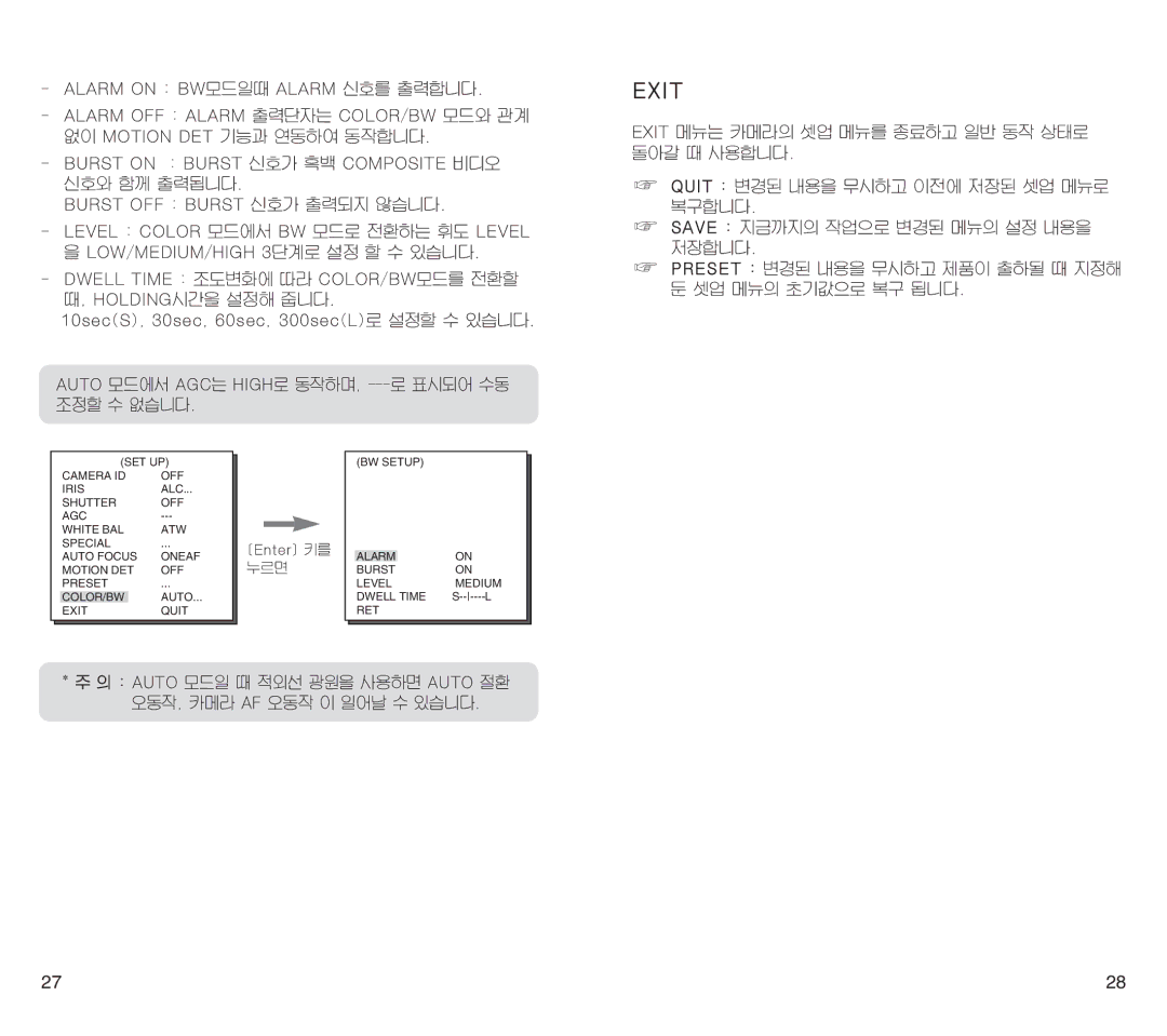 Samsung SCC-C4201(P) manual Exit Quit BW Setup 