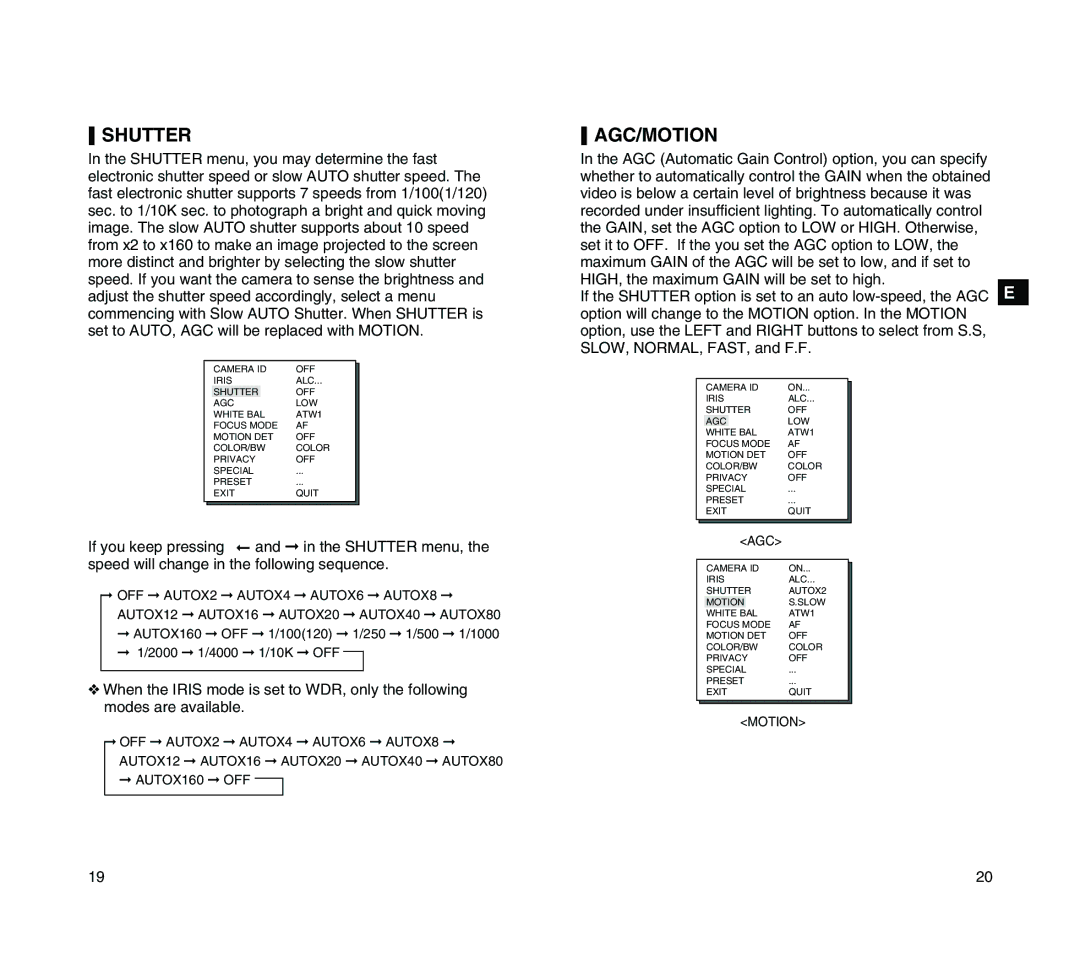 Samsung SCC-C4205P manual Shutter, Agc/Motion 