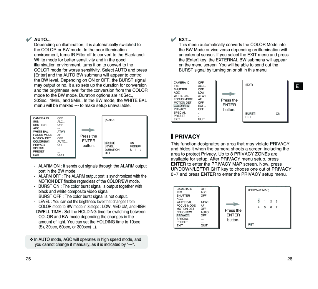 Samsung SCC-C4205P manual Privacy, Auto, Ext 