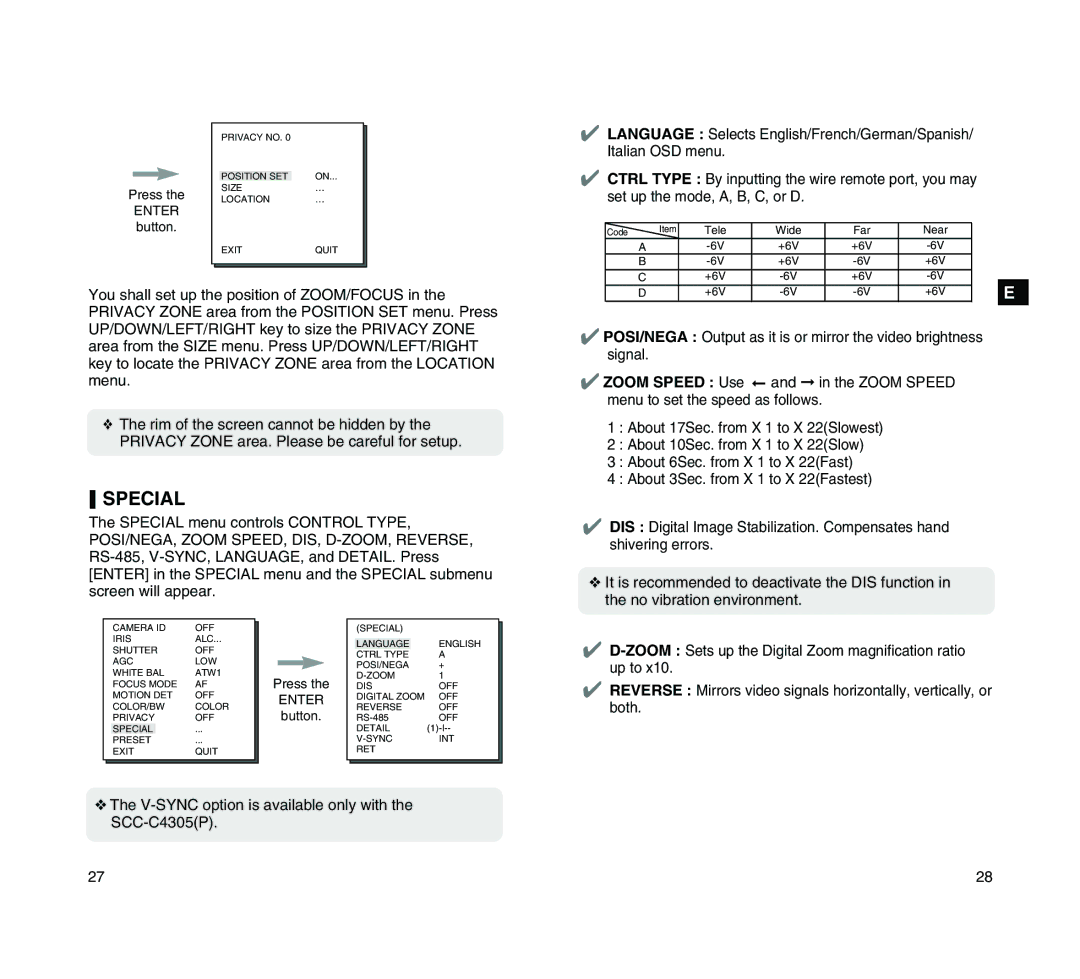 Samsung SCC-C4205P manual Special 