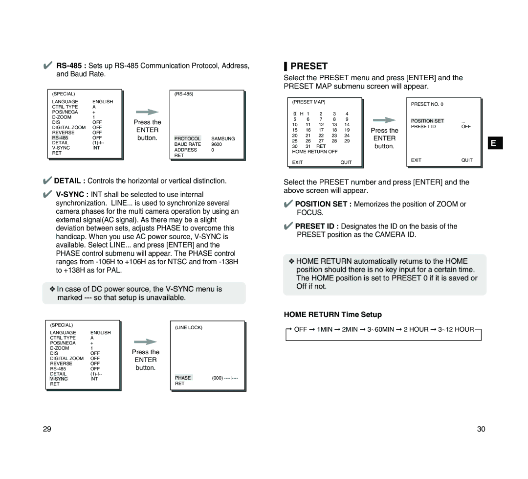 Samsung SCC-C4205P manual Preset, Home Return Time Setup 