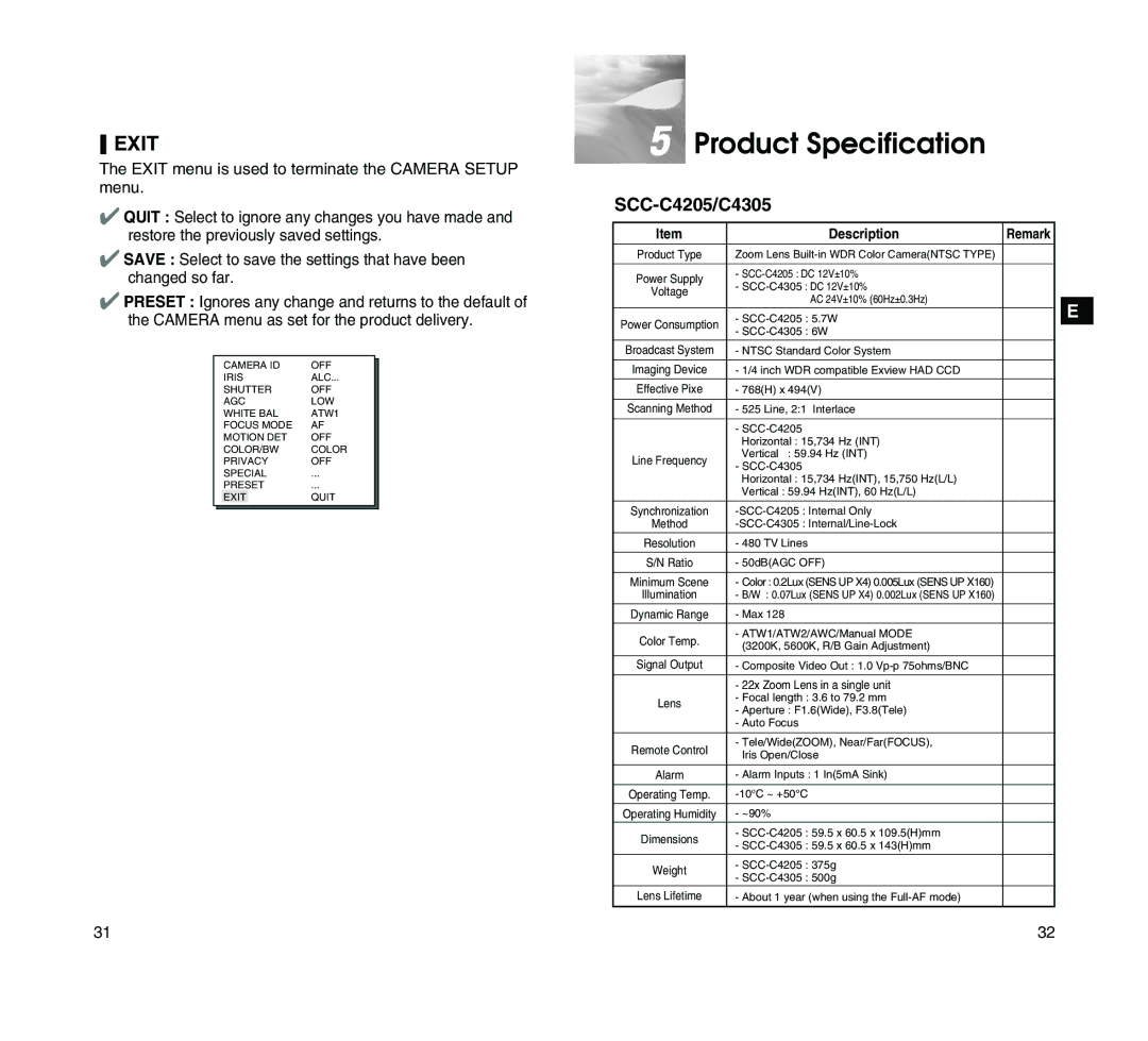 Samsung SCC-C4205P manual Product Specification, Exit, SCC-C4205/C4305 