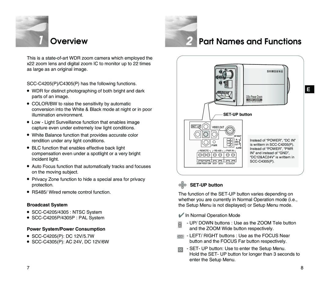 Samsung SCC-C4205P Overview, Part Names and Functions, Broadcast System, Power System/Power Consumption, SET-UP button 