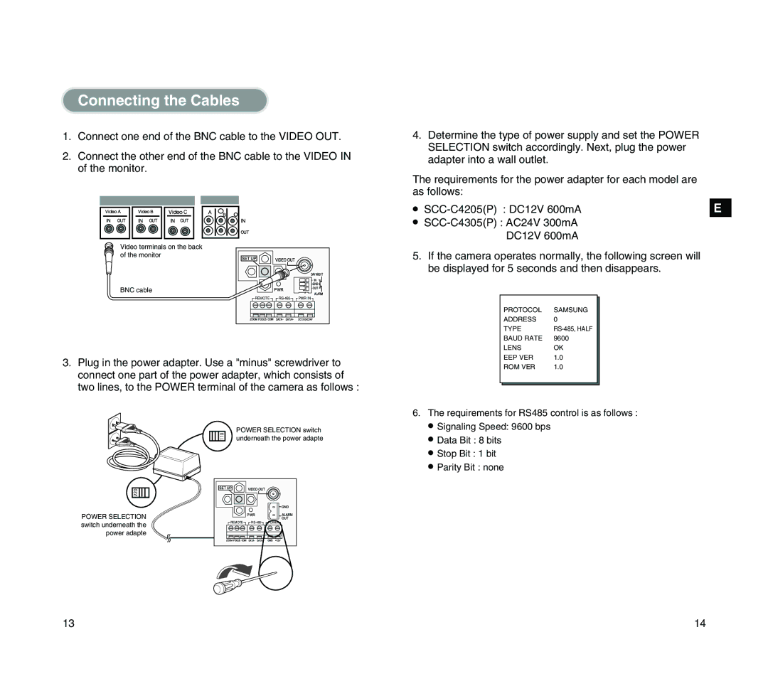 Samsung SCC-C4205P manual Connecting the Cables 