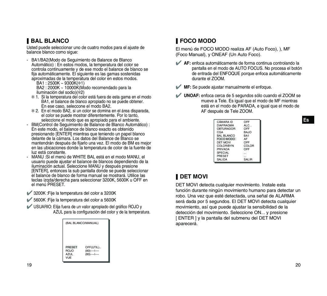 Samsung SCC-C4205P manual BAL Blanco, Foco Modo, DET Movi, En ese caso, seleccone el modo BA2 