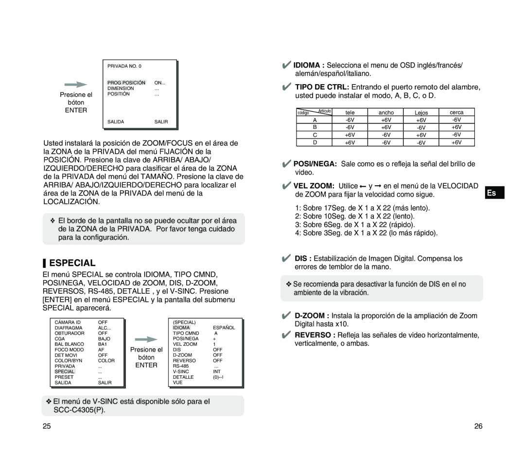 Samsung SCC-C4205P manual Especial 