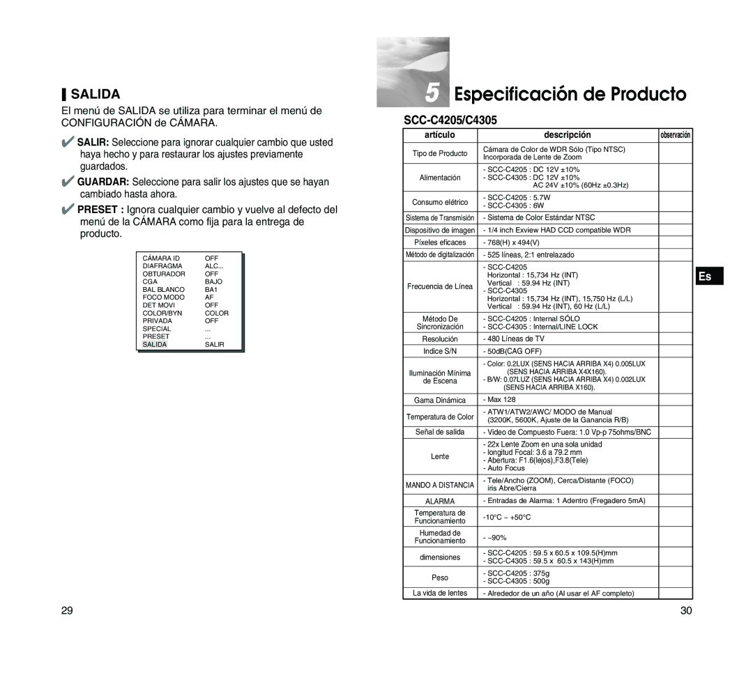 Samsung SCC-C4205P manual Especificación de Producto, Salida, SCC-C4205/C4305 