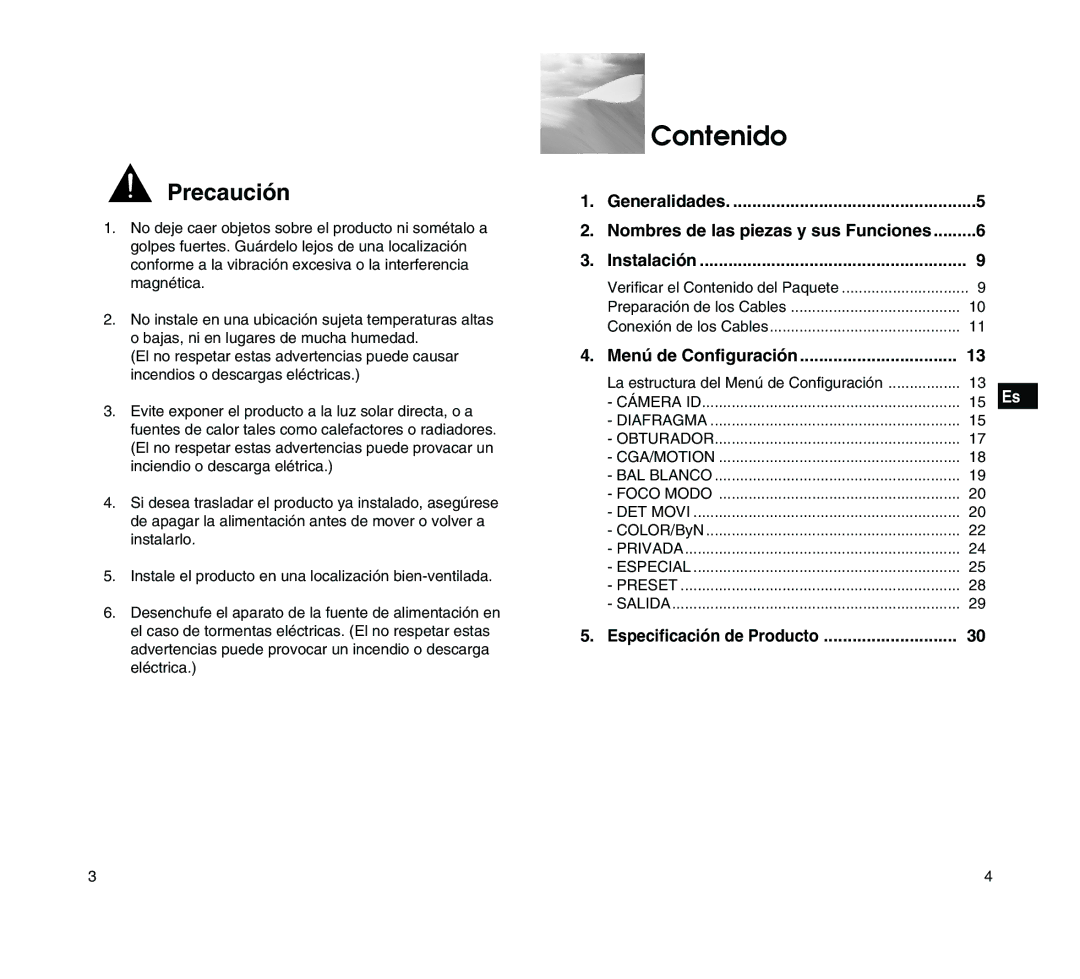 Samsung SCC-C4205P manual Contenido, Menú de Configuración, Especificación de Producto, COLOR/ByN 