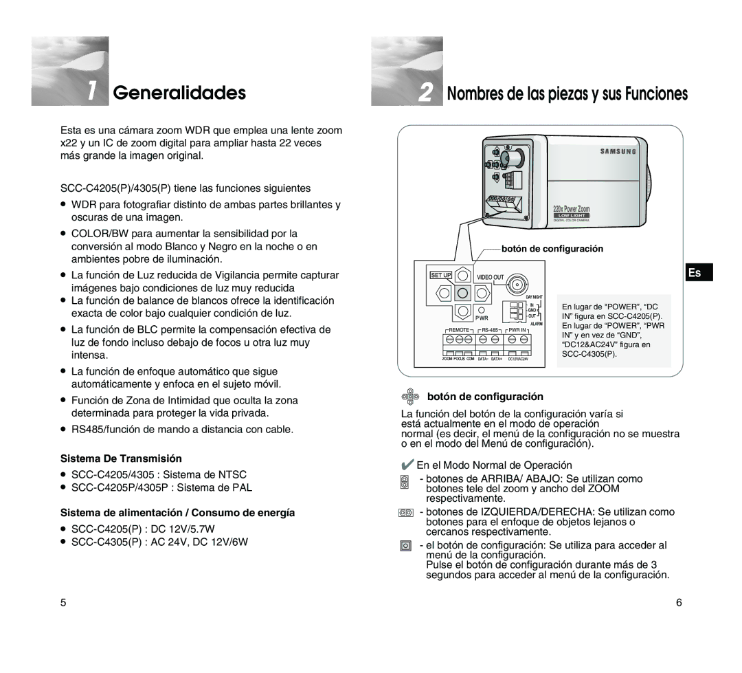 Samsung SCC-C4205P manual Generalidades, Sistema De Transmisión, Sistema de alimentación / Consumo de energía 