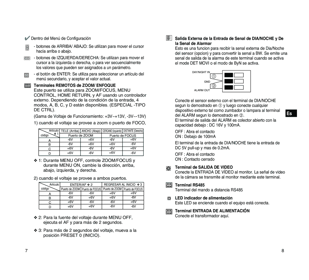 Samsung SCC-C4205P manual Terminales Remotos de ZOOM/ Enfoque, Terminal de Salida DE Video, Terminal RS485 