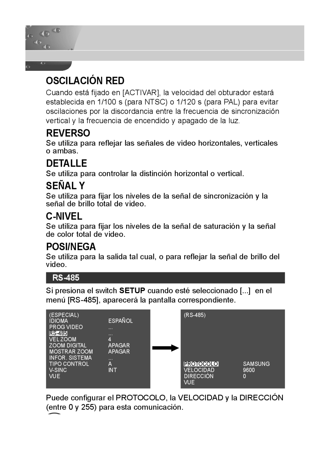 Samsung SCC-C4335P, SCC-C4333P, SCC-C4233P, SCC-C4235P manual Oscilación RED, Reverso, Detalle, Señal Y, Nivel, Posi/Nega 