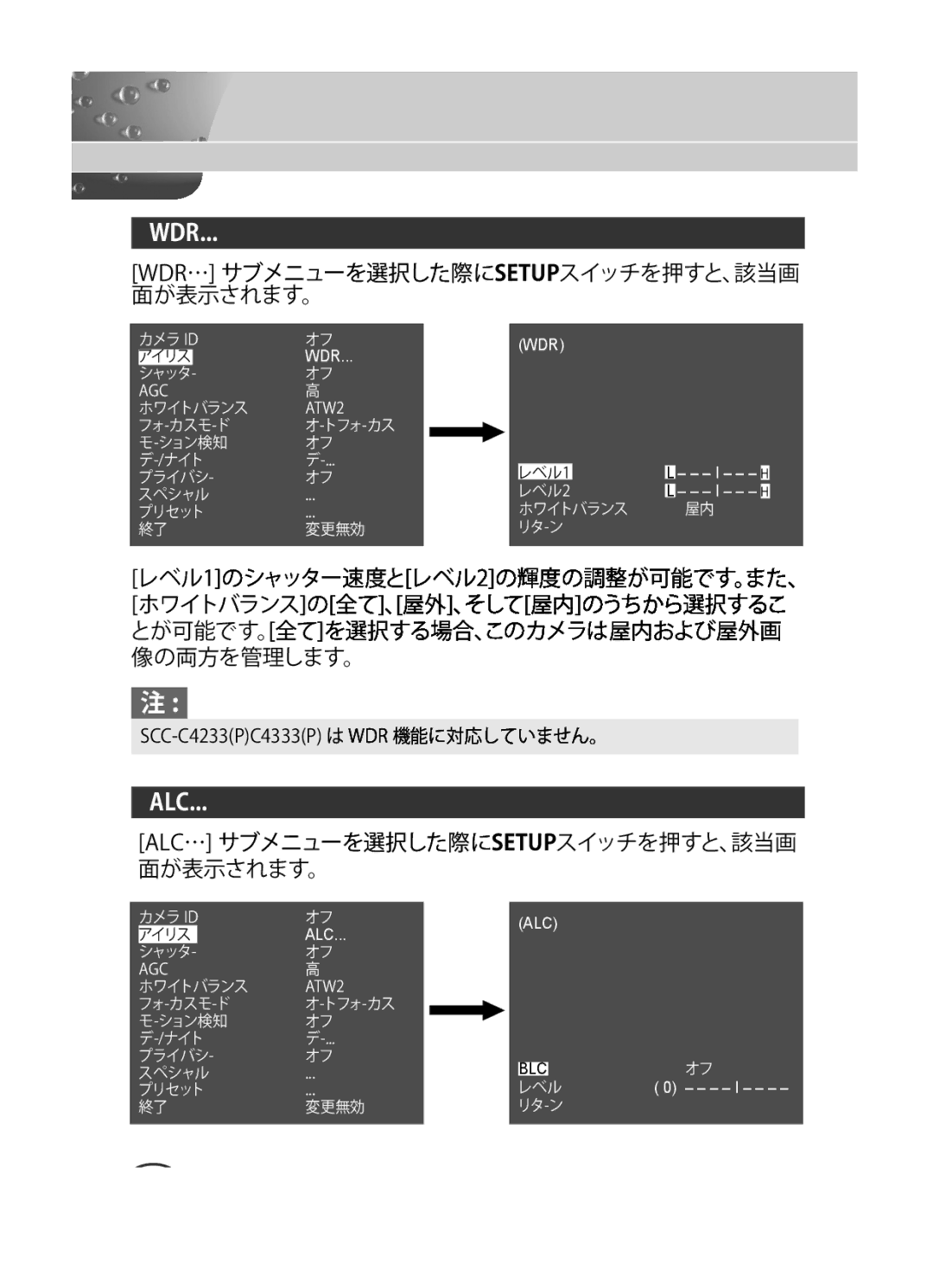 Samsung SCC-C4233P, SCC-C4333P, SCC-C4335P, SCC-C4235P manual Wdr… サブメニューを選択した際にsetupスイッチを押すと、該当画 面が表示されます。 