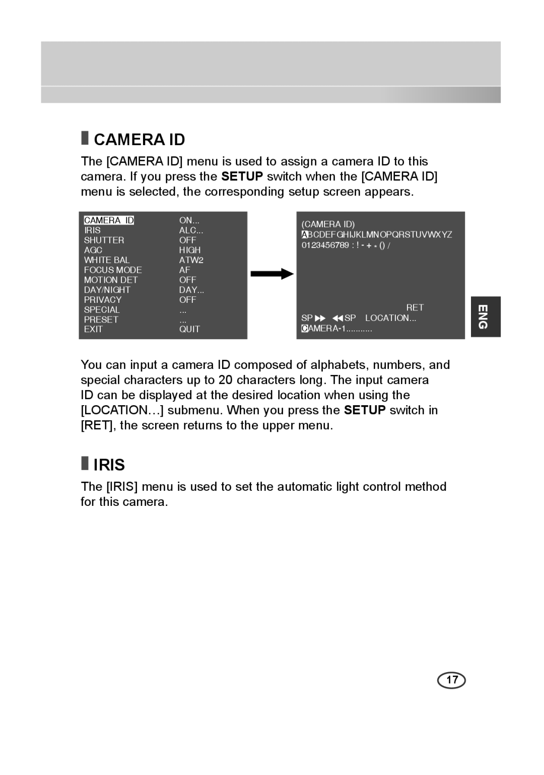 Samsung SCC-C4335P, SCC-C4333P, SCC-C4233P, SCC-C4235P manual Camera ID, Iris 