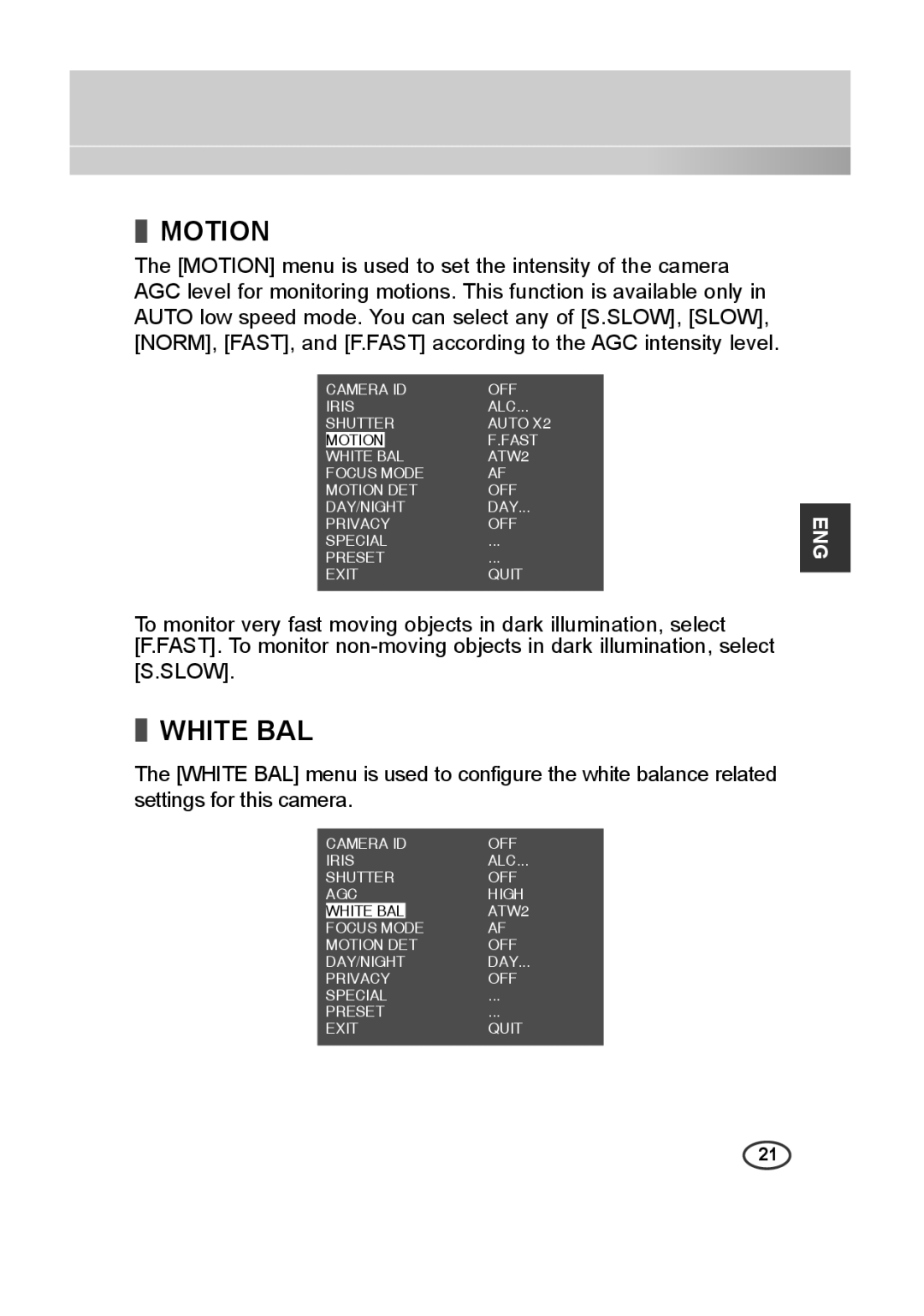 Samsung SCC-C4333P, SCC-C4335P, SCC-C4233P, SCC-C4235P manual Motion, White BAL 