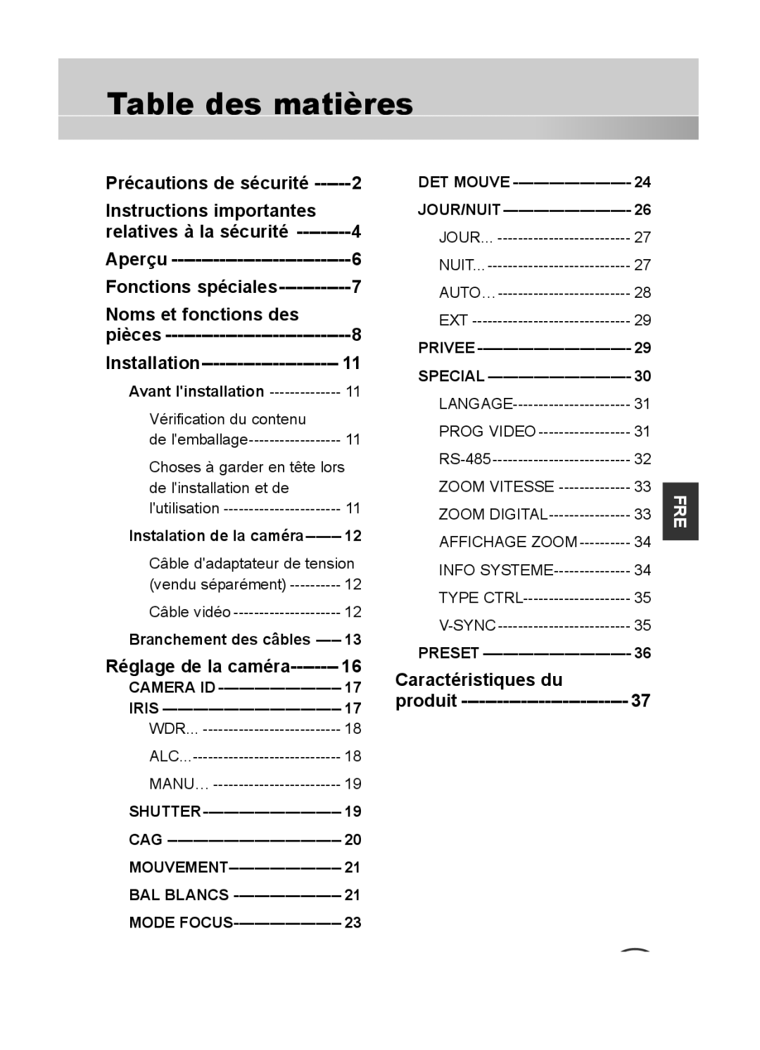 Samsung SCC-C4333P, SCC-C4335P, SCC-C4233P, SCC-C4235P manual Table des matières 