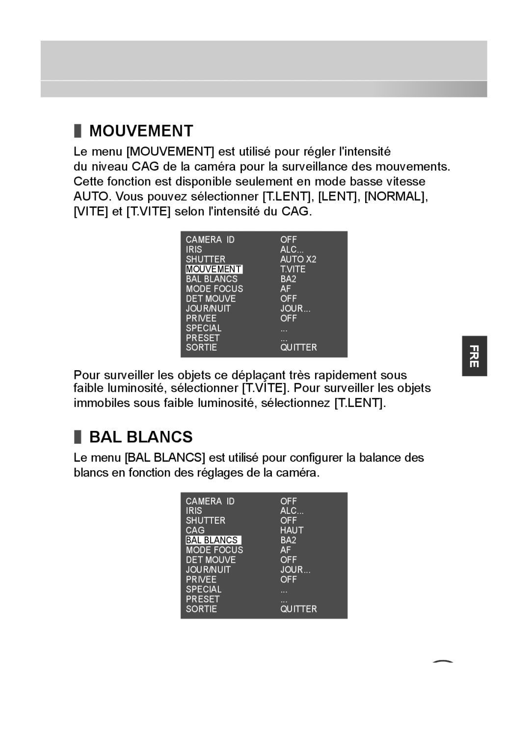 Samsung SCC-C4333P, SCC-C4335P, SCC-C4233P, SCC-C4235P manual Mouvement, BAL Blancs 