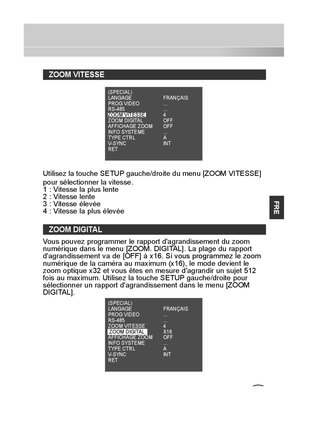 Samsung SCC-C4233P, SCC-C4333P, SCC-C4335P, SCC-C4235P manual Zoom Vitesse, Zoom Digital 