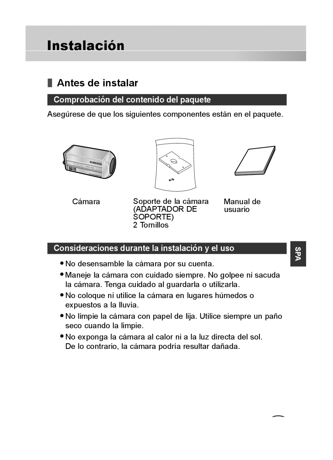 Samsung SCC-C4333P, SCC-C4335P, SCC-C4233P, SCC-C4235P manual Instalación, Antes de instalar 