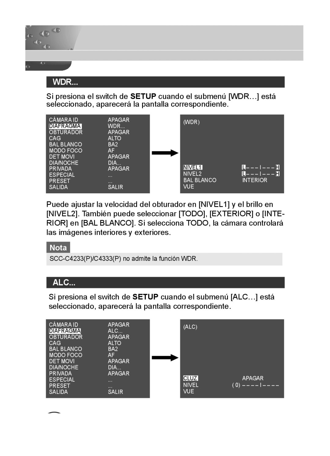 Samsung SCC-C4333P, SCC-C4335P, SCC-C4235P manual SCC-C4233P/C4333P no admite la función WDR 