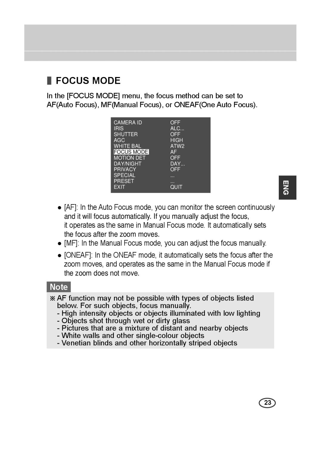 Samsung SCC-C4233P, SCC-C4333P, SCC-C4335P, SCC-C4235P manual Focus Mode 