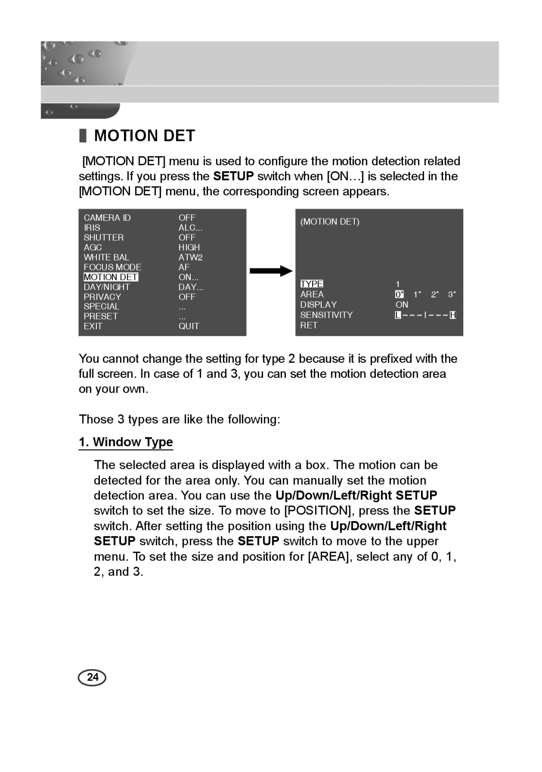 Samsung SCC-C4235P, SCC-C4333P, SCC-C4335P, SCC-C4233P manual Motion DET, Window Type 