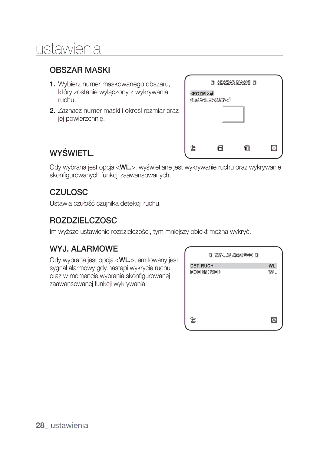 Samsung SCC-C4239P manual Obszar Maski, Wyświetl, Rozdzielczosc, WYJ. Alarmowe, Ustawia czułość czujnika detekcji ruchu 