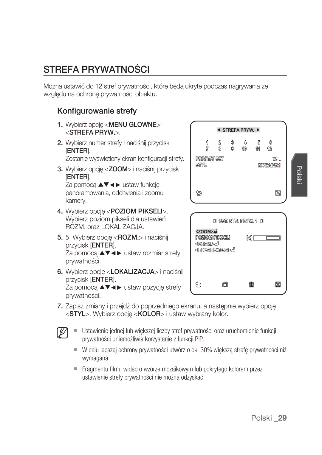 Samsung SCC-C4237P, SCC-C4239P manual Strefa Prywatności, Konfigurowanie strefy 