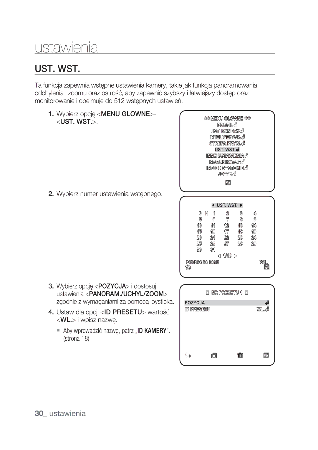 Samsung SCC-C4239P, SCC-C4237P manual Ust. Wst, Wybierz numer ustawienia wstępnego 