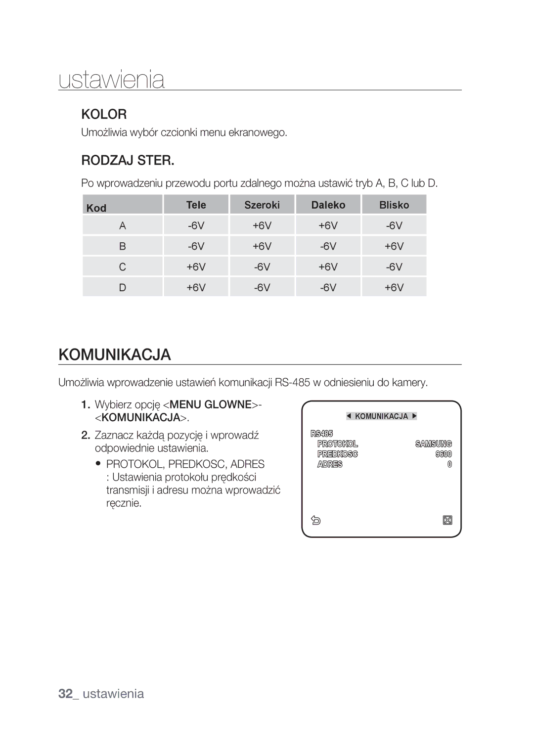 Samsung SCC-C4239P Komunikacja, Kolor, Rodzaj Ster, Umożliwia wybór czcionki menu ekranowego, PROTOKOL, PREDKOSC, Adres 