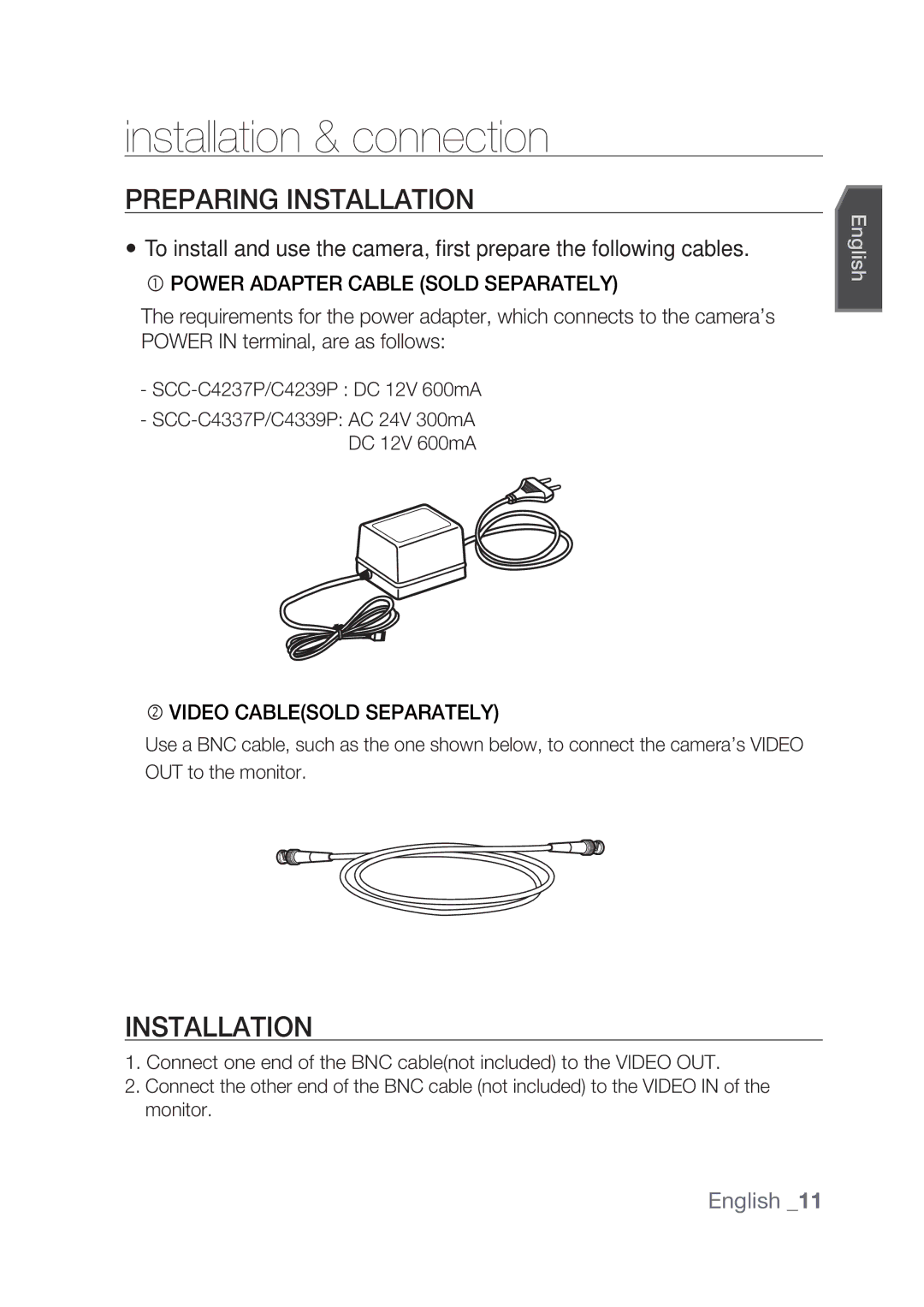 Samsung SCC-C4239P manual Installation & connection, Preparing Installation, SCC-C4237P/C4239P DC 12V 600mA 