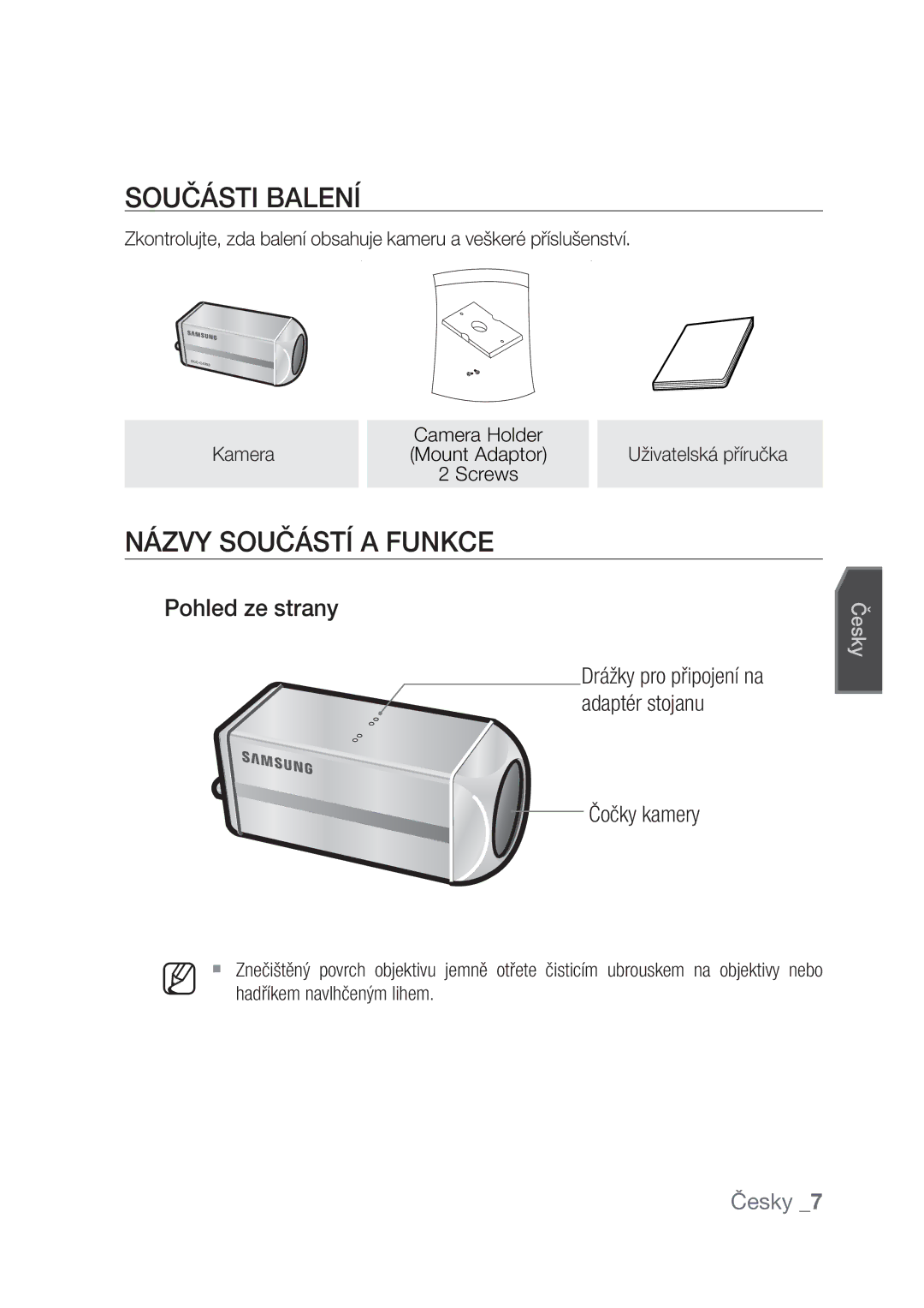 Samsung SCC-C4239P, SCC-C4237P manual Součásti Balení, Názvy Součástí a Funkce, Pohled ze strany 