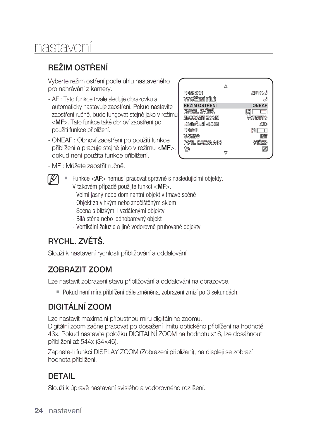 Samsung SCC-C4237P, SCC-C4239P manual Režim Ostření, RYCHL. Zvětš, Zobrazit Zoom, Digitální Zoom 