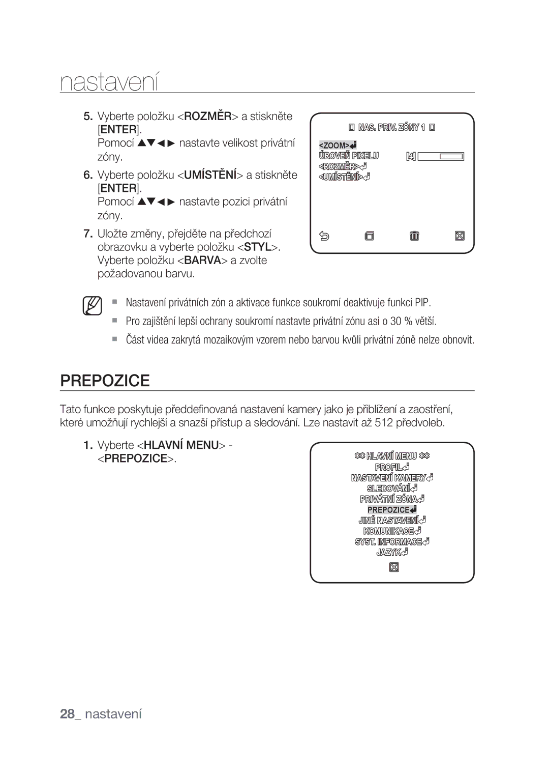 Samsung SCC-C4237P, SCC-C4239P manual Vyberte Hlavní Menu Prepozice 