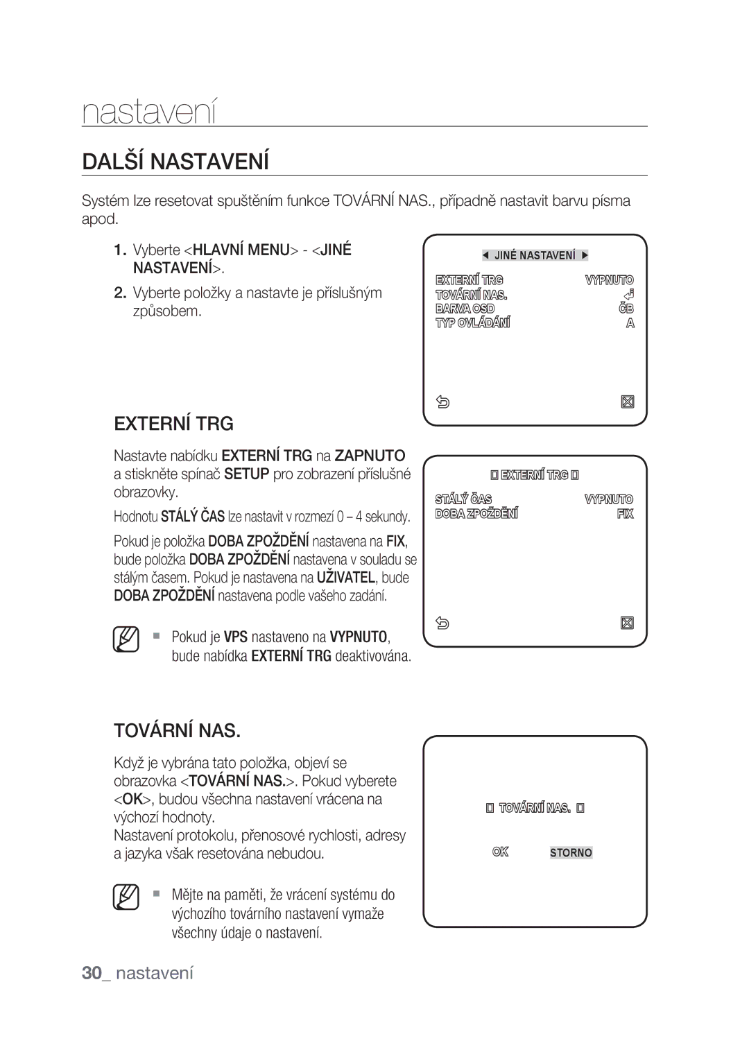 Samsung SCC-C4237P, SCC-C4239P manual Další Nastavení, Externí TRG, Tovární NAS 