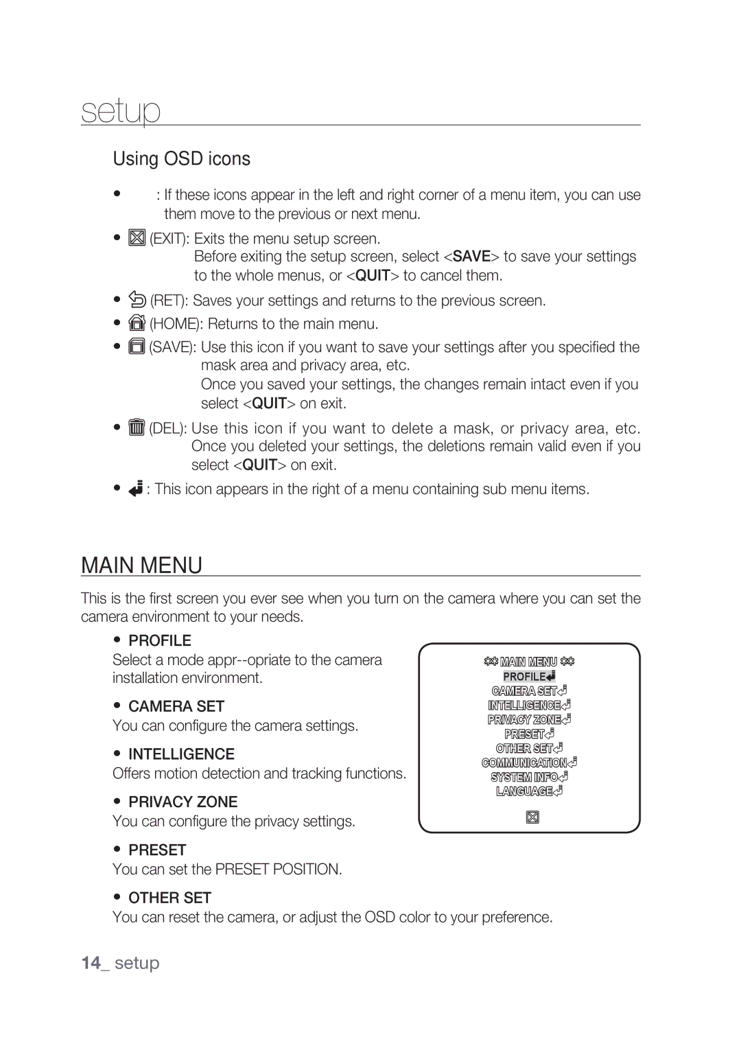 Samsung SCC-C4239P, SCC-C4237P manual Setup, Main Menu, Using OSD icons 